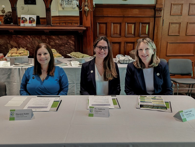 (from left) Shannon Kadar, Patient Advocate and member of OCCs Prevention Task Force, Dr. Stephanie Lheureux, Gynecology Site Lead and Westaway Chair in Ovarian Cancer Research at Princess Margaret Cancer Centre, Cailey Crawford, Vice President, Programs and Policy, OCC