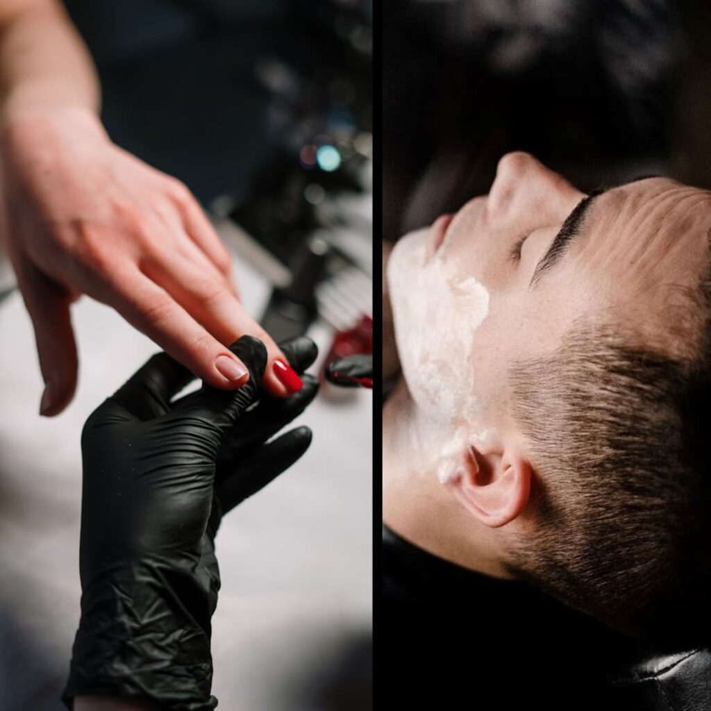 Man getting beard trimmed and woman's hand getting nails done